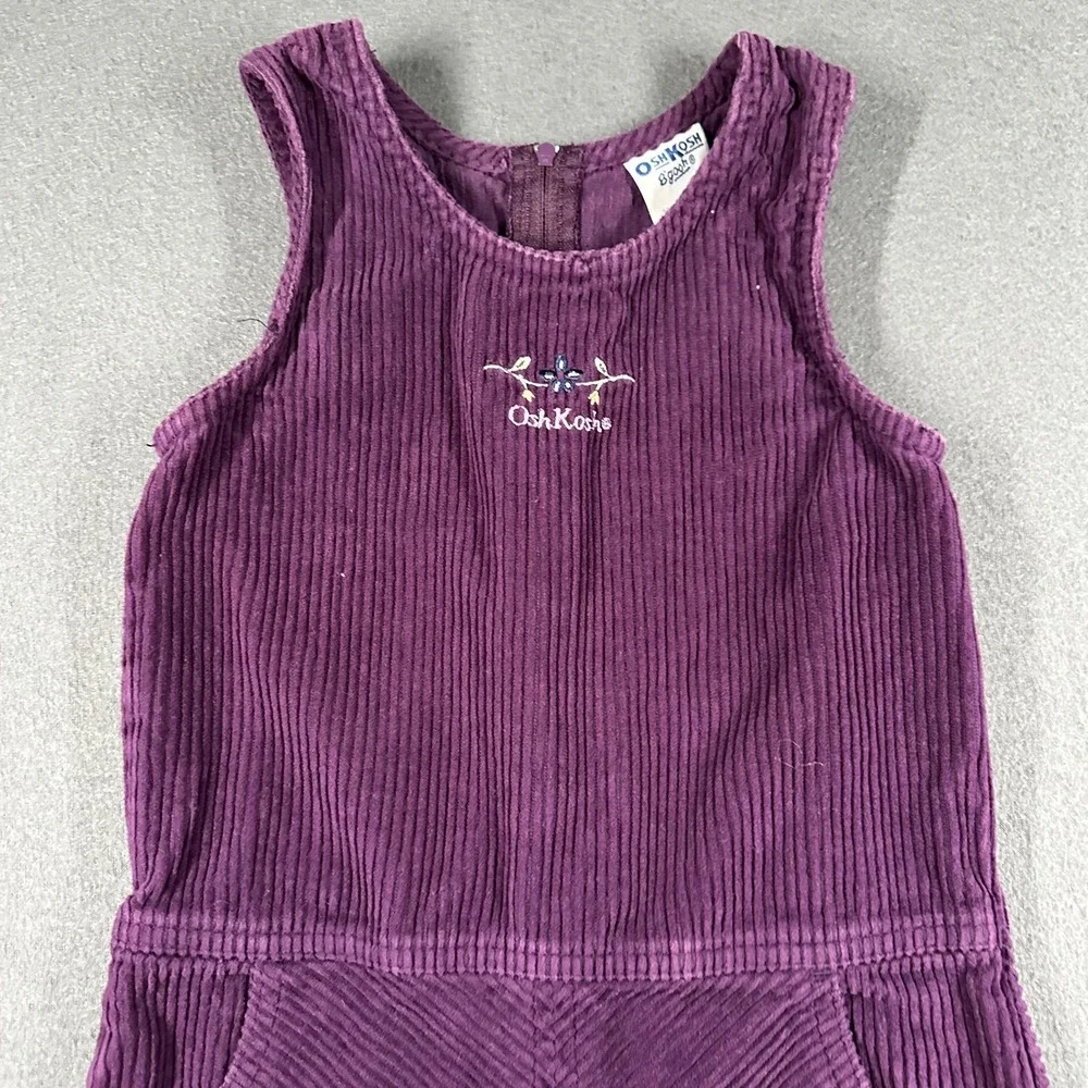 Vtg OshKosh B'gosh Jumper Dress Girls 5 Purple Corduroy Tank Pockets Embroidered